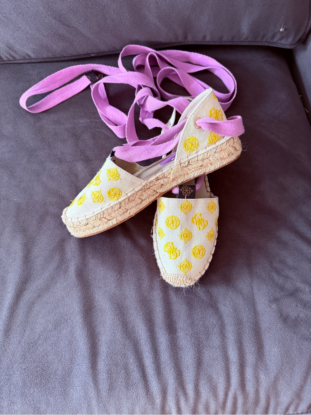 GUESS Kids Yellow Embroidered Espadrilles with Pink Wrap Laces
